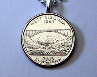 2005 West Virginia State Quarter Dollar Coin Pendant Necklace, New River Gorge Bridge