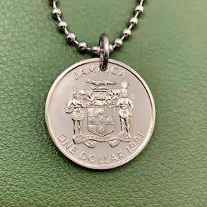 1990 to 1993 Jamaica Coin Pendant Necklace,  1 Dollar, Caribbean Sir Alexander Bustamante