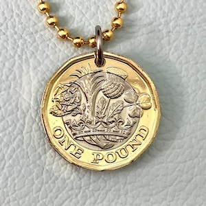 2016 to 2022 British 1 Pound Coin Pendant Necklace,  Bimetal Gold Silver England Wales Great Britain UK Rose Leek Scottish Thistle Shamrock