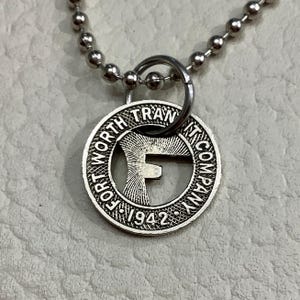 Initial F 1942 Fort Worth Transit Co Token Pendant Necklace,    Vintage Texas