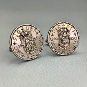 1954 to 1966 English Crest Shilling Coin Cufflinks, Queen Elizabeth II,  Lion Passant Shield Crown  British English Great Britain UK London