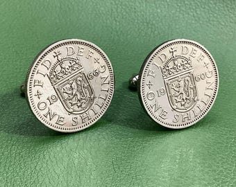 Vintage Scottish Shilling Coin Cufflinks (1954-1966) - Queen Elizabeth II Lion Rampant Crown Shield