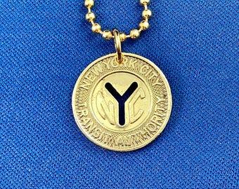 NYC Subway Token Pendant Necklace, 1970 to 1980 Large Y Cutout, New York City, Brass Gold Polished