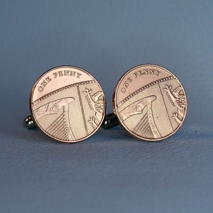 British Coin Cufflinks - Bronze Penny 1 Pence Coat of Arms Shield Great Britain UK