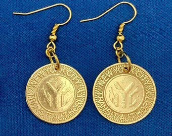 NYC Subway Token Earrings, Solid Brass, 1980 to 1986, New York City, Gold Polished