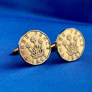 Vintage British Threepence Coin Cufflinks - 1937-1952  UK Three Pence King George VI Dodecagonal England GB Britain 3 Thrift Flowers