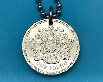 1983 British Royal Arms Coin Pendant Necklace:  One Pound England Wales Great Britain Scotland UK London