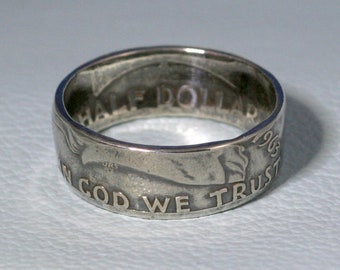 Vintage 1957 Ben Franklin zilveren ring met halve dollarmunt - handgemaakte sieraden uit de VS.