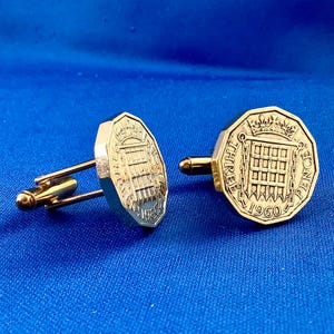 Vintage British Threepence Coin Cufflinks - 1953-1967  UK Three Pence Queen Elizabeth II Dodecagonal England GB Britain Chain Portcullis