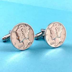 1916 - 1945 Mercury Dime Silver Coin Cufflinks - American 10 Cents USA - Winged Liberty Head Phrygian Cap