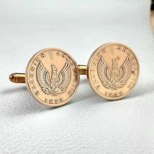 Vintage 1973 Greek Phoenix Coin Cufflinks - Greece 1 Drachma Rising from Flames