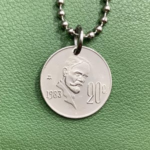 1974 to 1983 Mexico Coin Pendant Necklace, 20 Centavos, Francisco Indalecio Madero