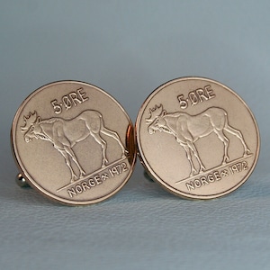 Vintage Norwegian Moose Coin Cufflinks - Bronze 5 Øre Norway Norge Copper Accessories for Men