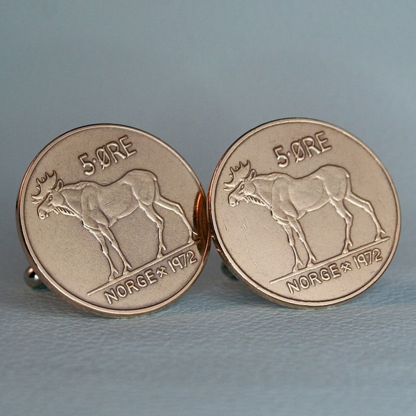 Norwegian Moose Coin Cufflinks - Vintage 5 Ore Norway Norge Bronze Copper