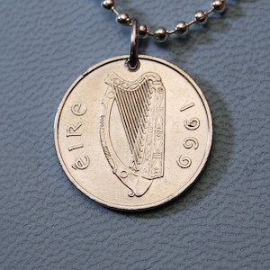 1969 to 1990 Irish Harp Coin Pendant - Ireland Vintage 5 Pence Eire Necklace