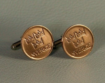 Swedish Bronze Coin Cufflinks - 3 Crowns - Sverige 5 Ore Sweden