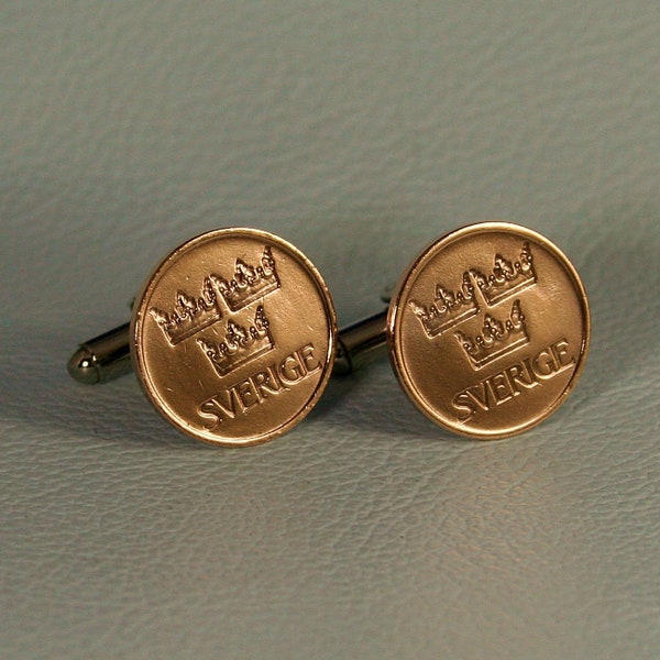 Swedish Bronze Coin Cufflinks - 3 Crowns - Sverige 5 Ore Sweden