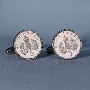 Vintage Schottische Distel 5 Pence (kleine) Manschettenknöpfe - Silberton QE2 Großbritannien UK Accessoire