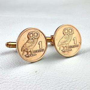 Vintage 1973 Greek Owl Coin Cufflinks - Greece 1 Drachma Goddess Athena Little Athene Noctua