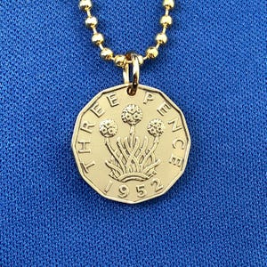 Vintage 1937-1952 British Threepence Coin Pendant Necklace - King George VI Charm Gold Brass Dodecagonal England GB Britain Thrift Flowers