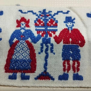 Packung mit 4,54 Metern antiken Baumwollbesätzen, bestickt in Rot und Blau. Breite 5 cm.