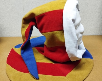 Hood made of red, mustard and royal blue wool fabric, for medieval re-enactment.