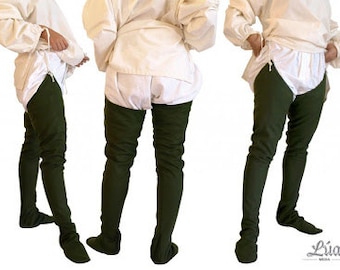 Chausses made of green wool fabric for medieval re-enactment. Available in different sizes.