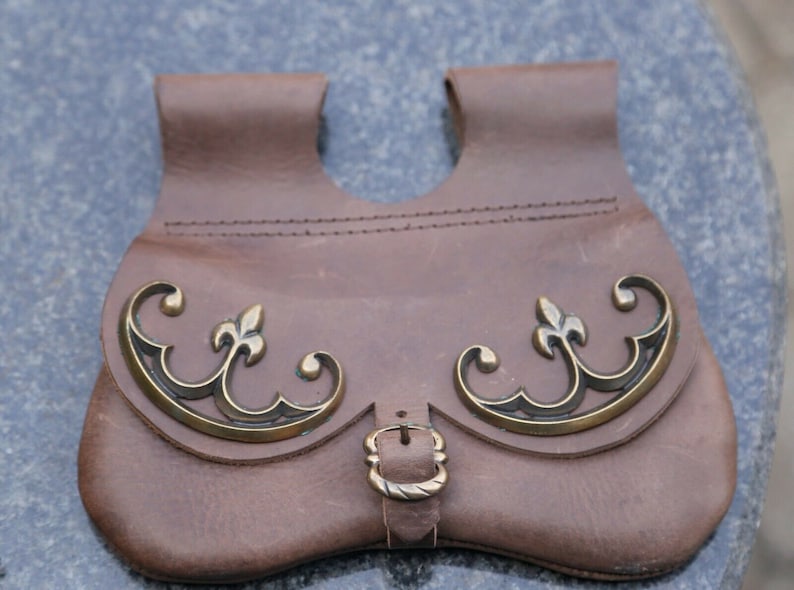 May include: Brown leather pouch with decorative brass accents. The pouch features a buckle closure and two loops at the top. The brass accents have a fleur-de-lis design.