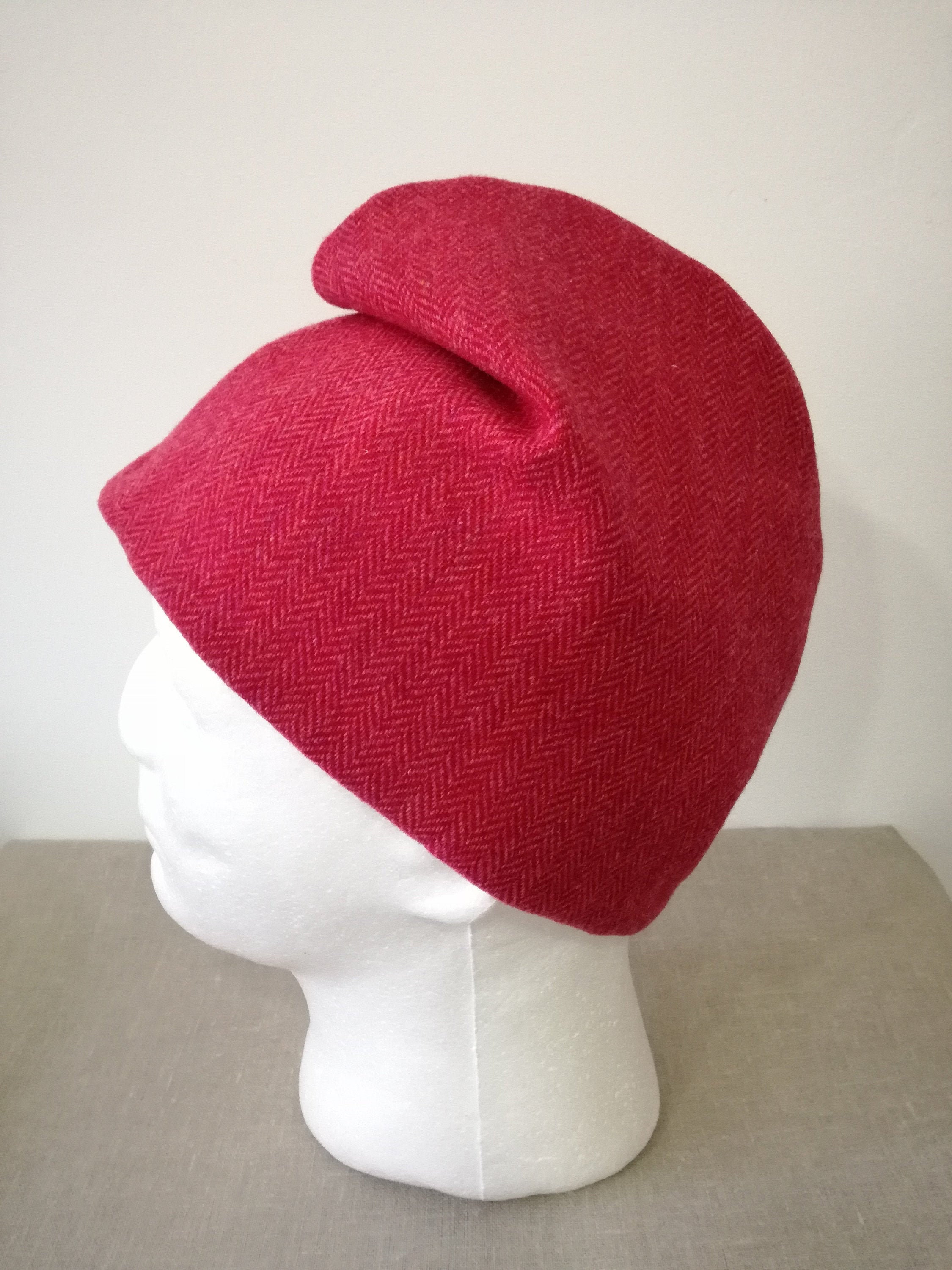 Phrygian cap made of red and pink herringbone wool fabric. | Etsy