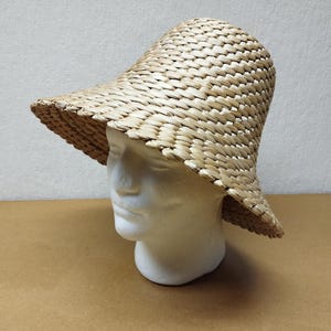 Peut inclure: Chapeau de paille tissé de couleur beige clair, avec un large bord, présenté sur une tête de mannequin blanche. Le chapeau a un aspect texturé. Le bord est légèrement incurvé, conçu pour l'ombre.