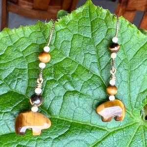 Tigereye &quot;Peek A Boo&quot; stone bear earrings