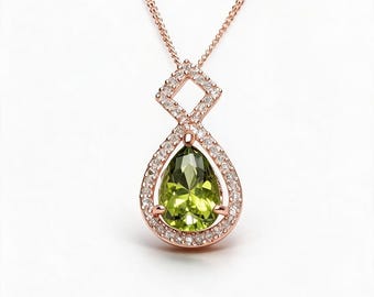 Certified Natural Peridot & diamonds  pendant 925 silver, Gold or Platinum