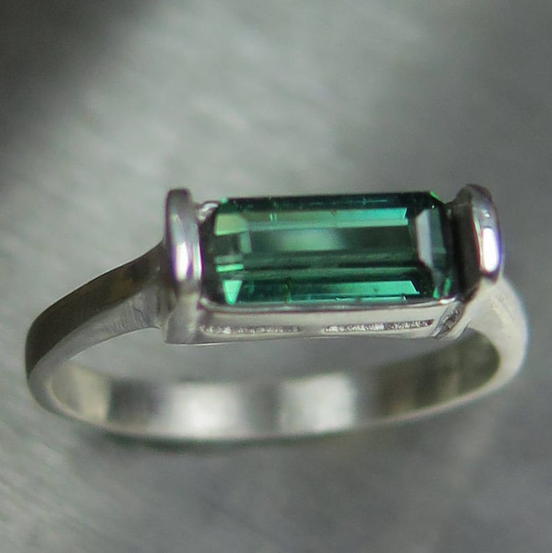 1.10ct Natural green with blue hint tourmaline east west 925 Sterling Silver 9ct 14k 18k yellow white rose red Gold unisex ring all sizes