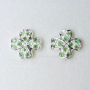Natural Tsavorite Garnet 925 silver 9ct 14k 18k 585 375 750 yellow white rose gold Platinum stud earrings lucky clover St patricks day