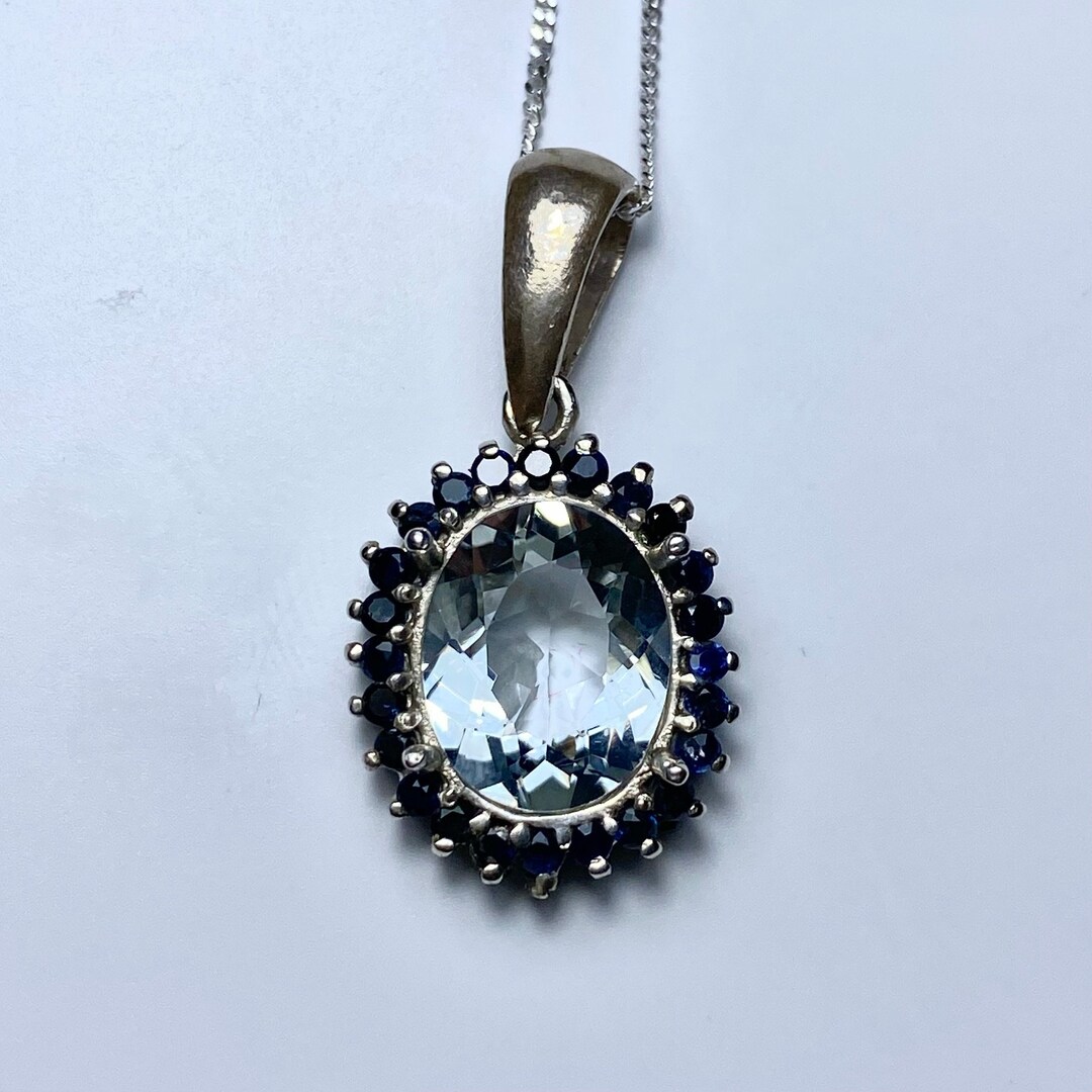 Collana Con Ciondolo In Argento 925 E Acquamarina Blu Naturale | Pietra Rotonda 10 Mm | Catena 50 Cm