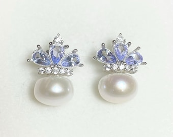 Certified Cultured White Freshwater Pearl & tanzanite 925 silver, 9ct 14k 18k 375 585 750 white yellow rose gold studs earrings