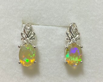 Natural Welo opal & diamond Sterling 925 Silver 9ct 14k 18k yellow white rose Gold floral studs earrings