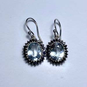 Certified 4.4ct Natural light blue Aquamarine & sapphires Silver /Gold dangling earrings drop