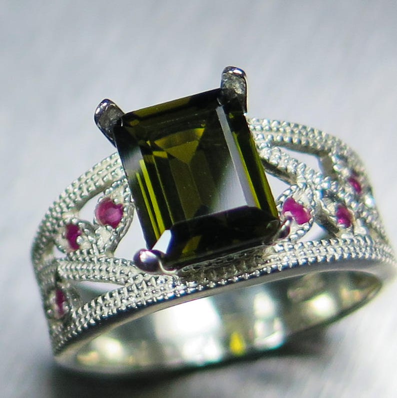 Natural green tourmaline octagon cut /& ruby 925 sterling silver ring all sizes