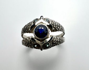 0.5ct Natural Royal blue Sapphire 925 Sterling silver / 9ct 14k 18k 375 585 750 white yellow rose Gold, 950 Platinum unisex owl ring