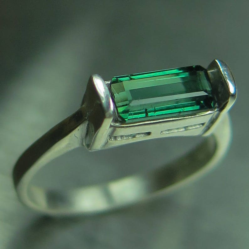 1.10ct Natural green with blue hint tourmaline east west 925 Sterling Silver 9ct 14k 18k yellow white rose red Gold unisex ring all sizes