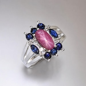 Anillo certificado de rubí estrella natural de 2,44 quilates y zafiro, plata de ley 925, oro, platino.