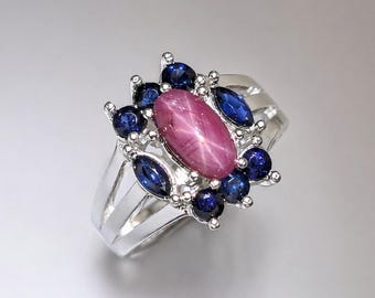 Certified 2.44cts Natural star ruby & sapphire ring, Sterling 925 Silver, Gold, Platinum