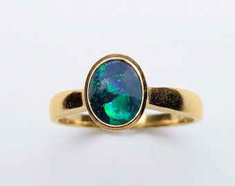 Certified Natural Australian Black Opal bezel ring Silver,  Gold, Platinum