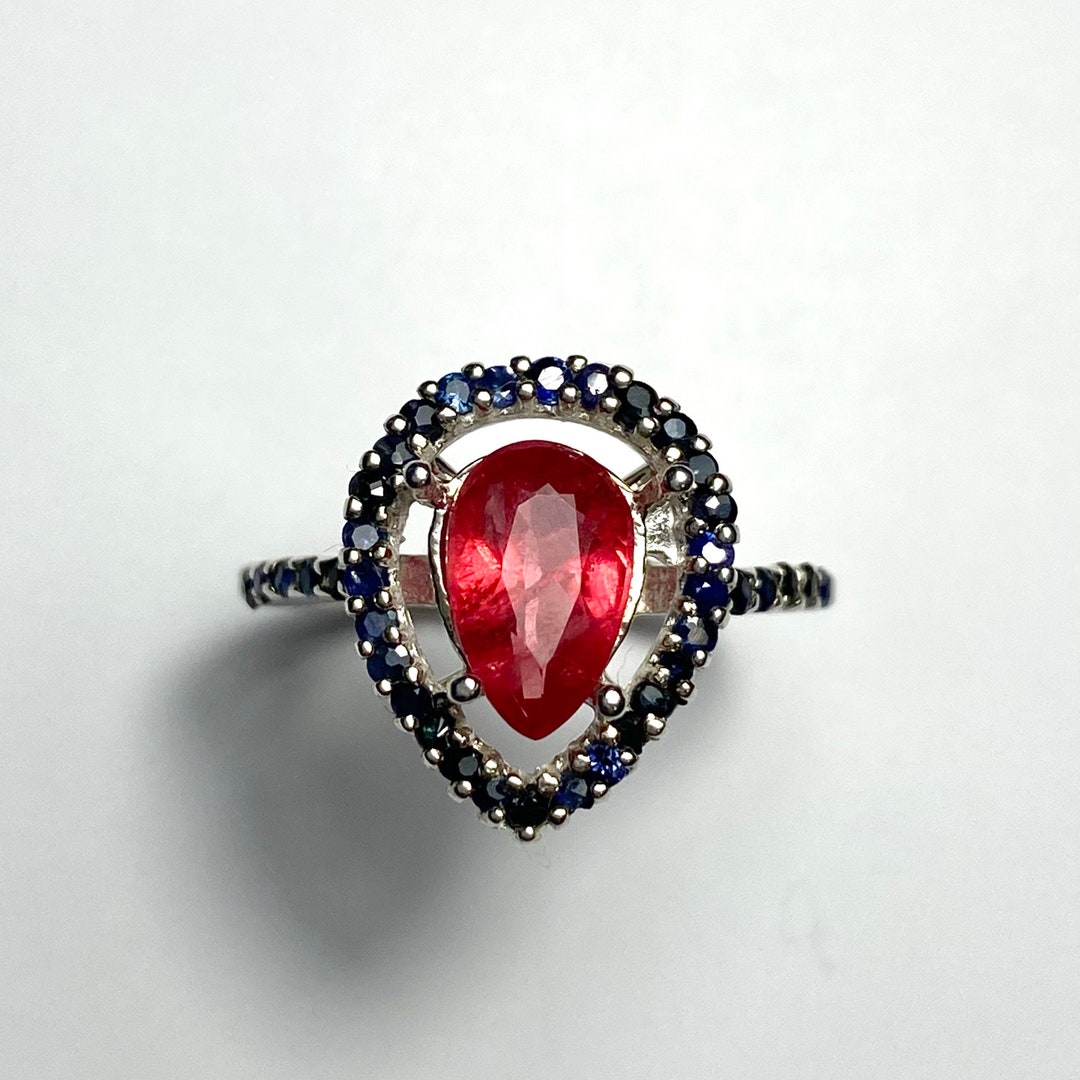 Platinum Raspberry Rhodonite Pear Halo Ring: Raspberry Red, Sapphire, Sterling Silver ...