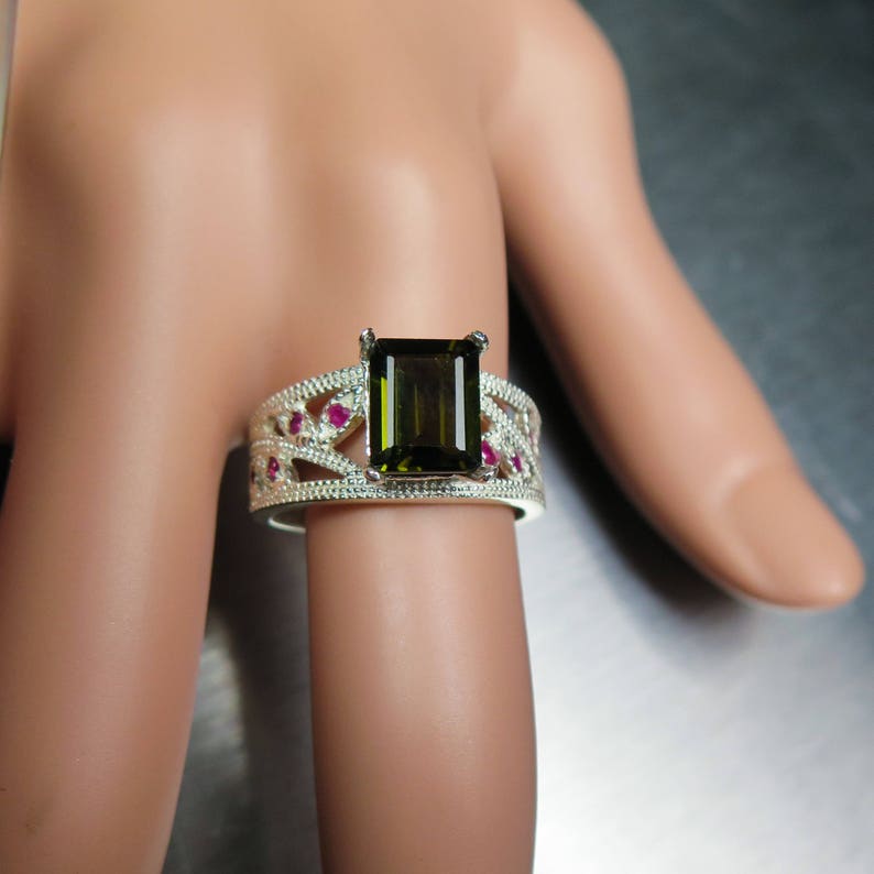 Natural green tourmaline octagon cut /& ruby 925 sterling silver ring all sizes