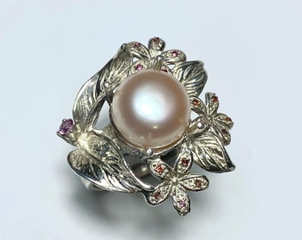 Certified Cultured Angel Pink Freshwater Pearl & garnets 925 silver, 9ct 14k 18k 375 585 750 white yellow rose gold ring