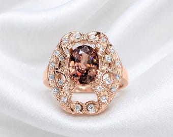 Certified 1.75cts Natural sunset brown pink Zircon engagement ring 925 Silver, Gold, Platinum