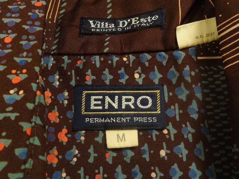 Vintage 1970/'s Villa D/'Este Printed In Italy Button Front Shirt Disco Dance Club Geometric Atomic Pattern Brown Mod Butterfly Collar Hipster