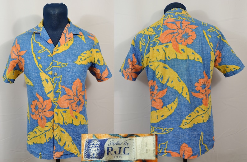 Vintage 1980/'s RJC Hawaiian Shirt Reverse Print Made in USA Flower Hibiscus Button Front Short Sleeve Medium Blue Hawaii Surf Beach Floral